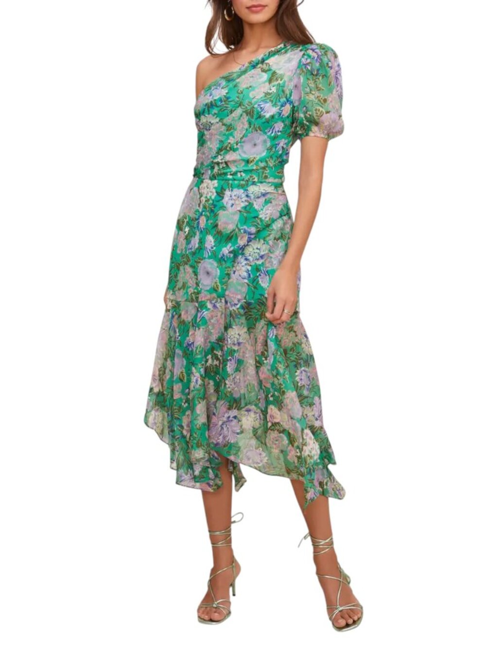 ASTR The Label Green Floral Print One Shoulder Puff Sleeve Dress - Size L